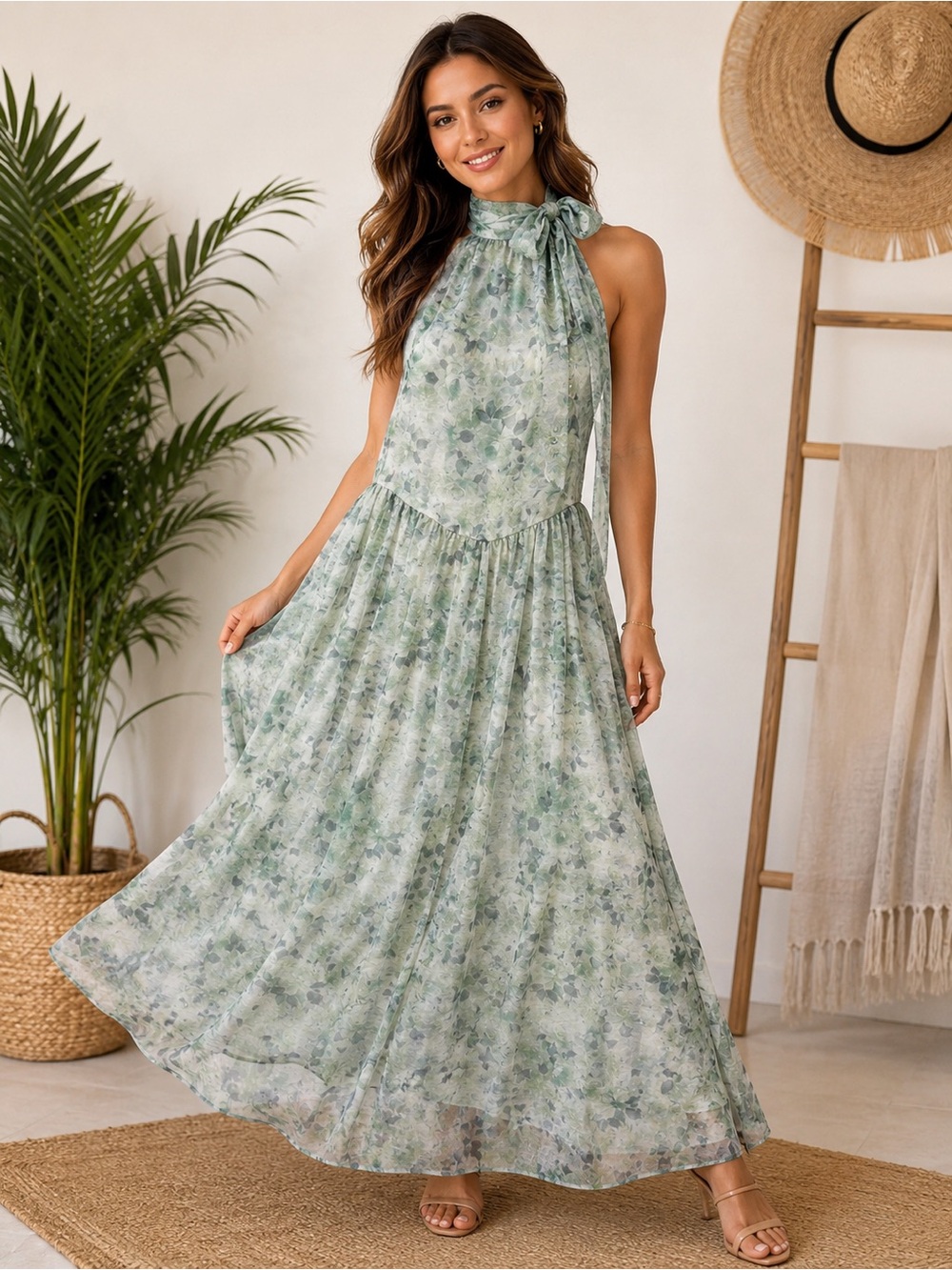 Entro Floral Halter Maxi Dress NWT Small Sage Green Lined Relaxed Fi